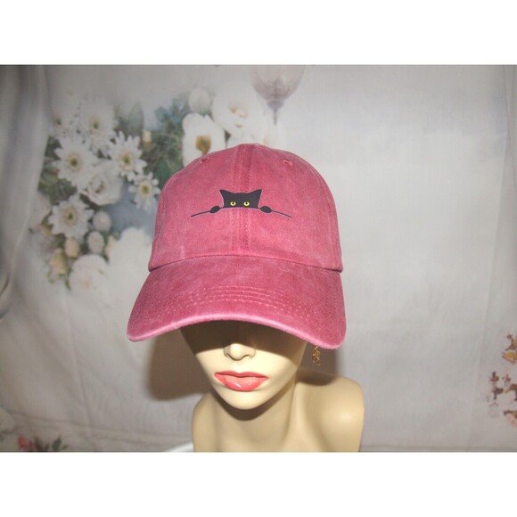 Black Cat Peeking with paws hat Wine Color Stone Washed NEW Baseball Cap - Picture 1 of 5